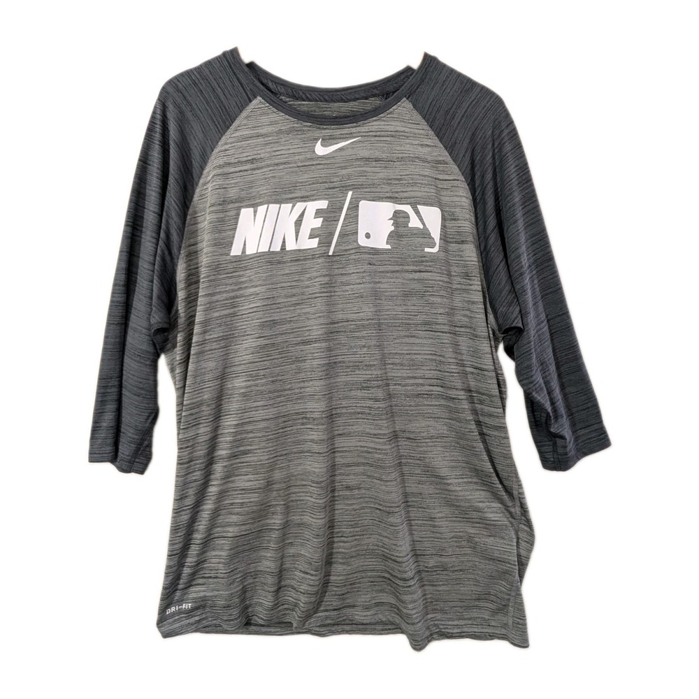 Nike Baseball Shirt Mens XL Gray Raglan 3/4 Sleeve Dri Fit Lightweight Quick Dry